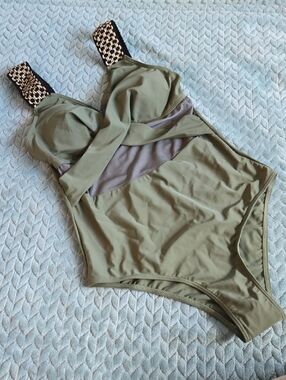 Olive Green One-Piece Swimsuit with Black & Gold Straps